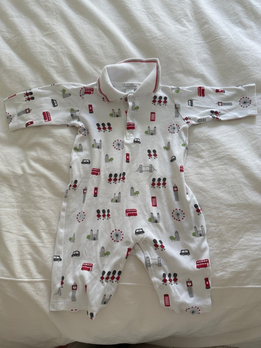 Polo-Style Baby One-Piece with London Motif - White/Red